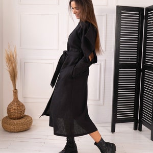 Black linen midi dress with belt Elegant button up dress Sophisticated linen dress for women image 3