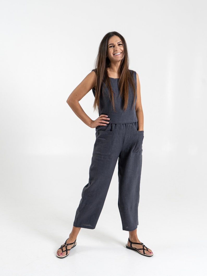 Black linen tank top and pants set Womens two piece linen set Sleeveless top with matching trousers Casual linen co-ord for women image 3