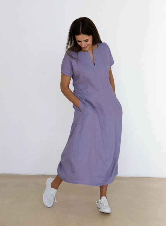 chinese dress ladies Lilac V Neck Linen Midi Dress