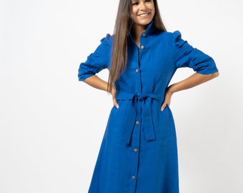 Ready to ship | Royal blue linen shirt dress | Midi dress | Handmade linen clothing for women