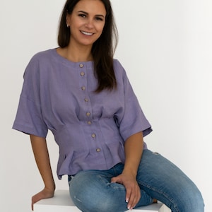 Lavender linen blouse | Button front summer linen top | Short sleeve handmade shirt