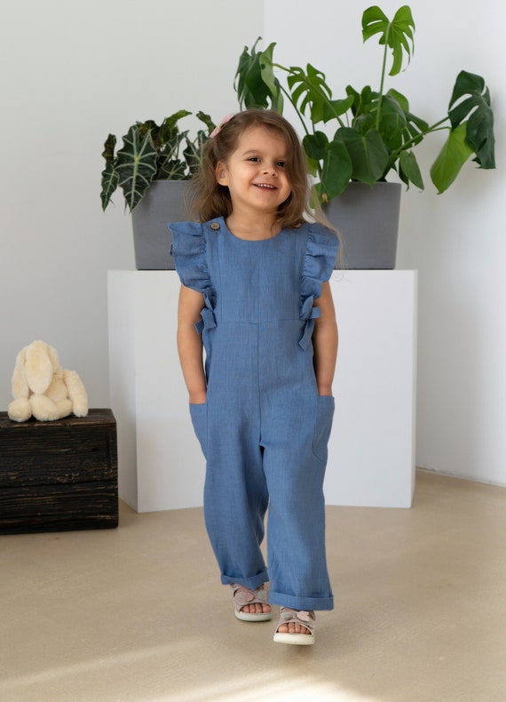 Blue Linen Girls Jumpsuit With Pockets Linen Romper for Kids Kids Linen  Clothing 