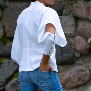 White linen blouse with flared sleeves Women's casual button-up shirt with mandarin collar Elegant loose summer fit blouse image 2