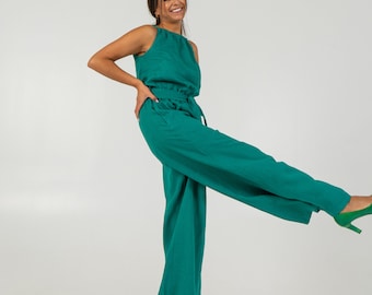 Linen jumpsuit for women | Sleeveless overalls | Linen romper with belt | Plus size jumpsuit