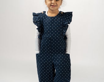 Girls polka dot blue ruffle sleeve linen jumpsuit | Kids overall romper for summer