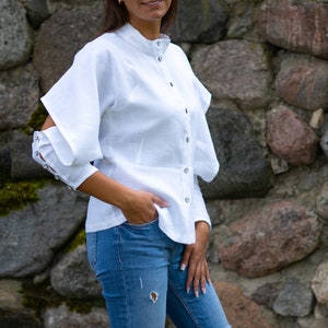 White linen blouse with flared sleeves Women's casual button-up shirt with mandarin collar Elegant loose summer fit blouse image 4