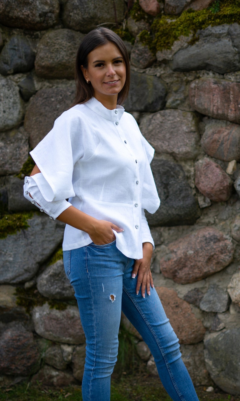 White linen blouse with flared sleeves Women's casual button-up shirt with mandarin collar Elegant loose summer fit blouse image 4