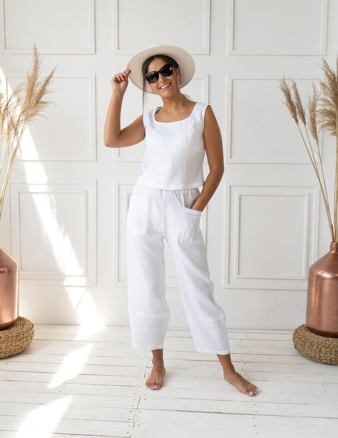 Shownicer Tuta Donna Completa Estiva Leggera Due Pezzi Senza Maniche Camicia + Pantaloncini Lino Set Casual Elegante Curvy Tute Streetwear A Beige XS - 6