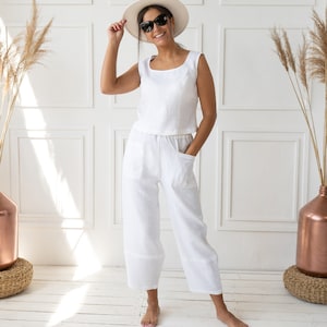 White linen two piece set | Sleeveless top and wide leg pants | Handmade summer outfit for women