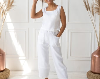 White linen two piece set | Sleeveless top and wide leg pants | Handmade summer outfit for women