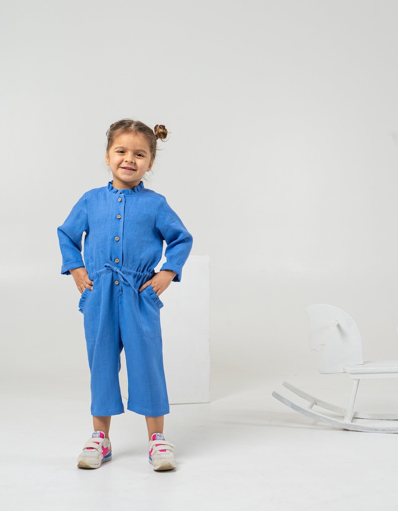 Blue linen jumpsuit for toddlers Kids long sleeve romper with belt detail image 1