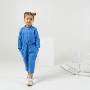 Blue linen jumpsuit for toddlers Kids long sleeve romper with belt detail image 4