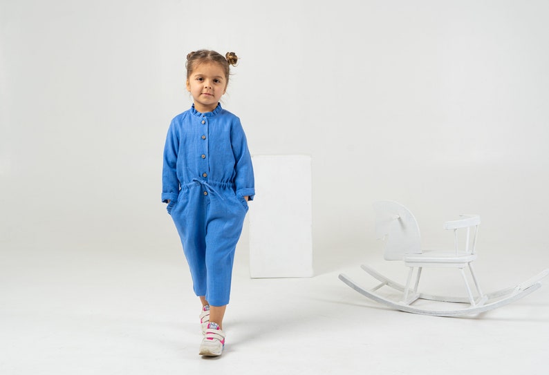 Blue linen jumpsuit for toddlers Kids long sleeve romper with belt detail image 4