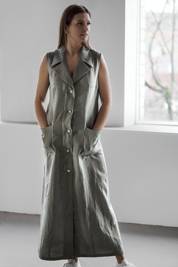 Sleeveless Linen Maxi Dress | Sage Green Button Down Dress With Pockets |  Handmade Organic Linen Clothing - Etsy