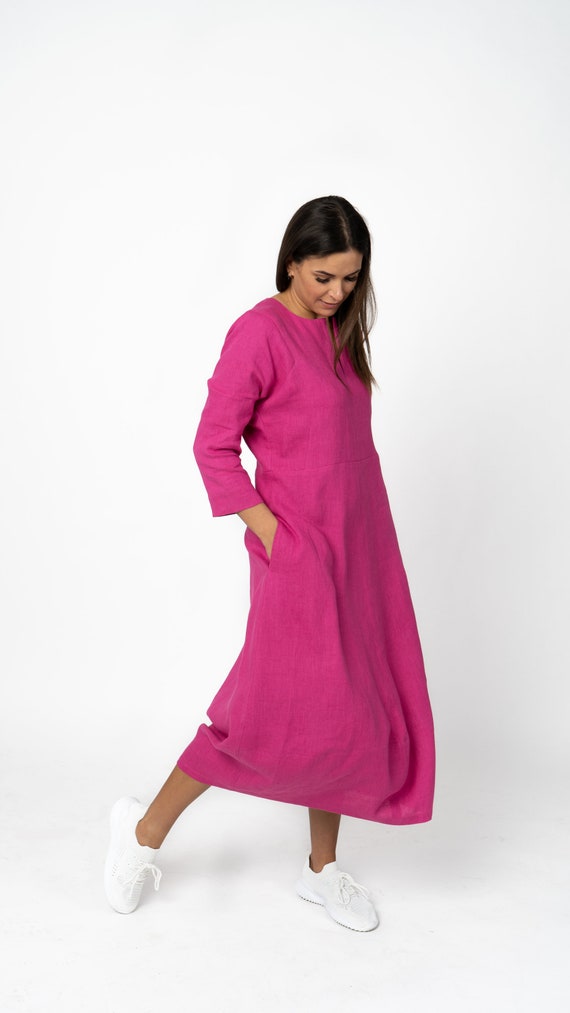 Pink linen dress Maxi linen dress Long sleeve linen dress Etsy