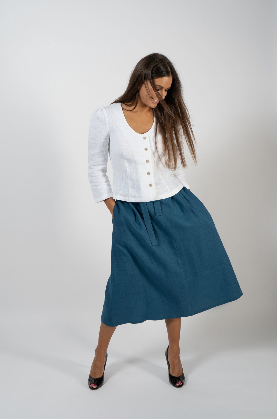● I AM MARI ● Neville Linen T-Shirt Blouse Flare Skirt Linen Skirt for Women | Midi Skirt | Linen Button Skirt - Etsy