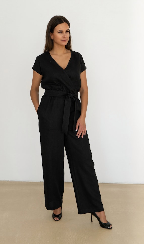 Black linen jumpsuit | Wrap belted short sleeve romper | Wide leg minimalist outfit