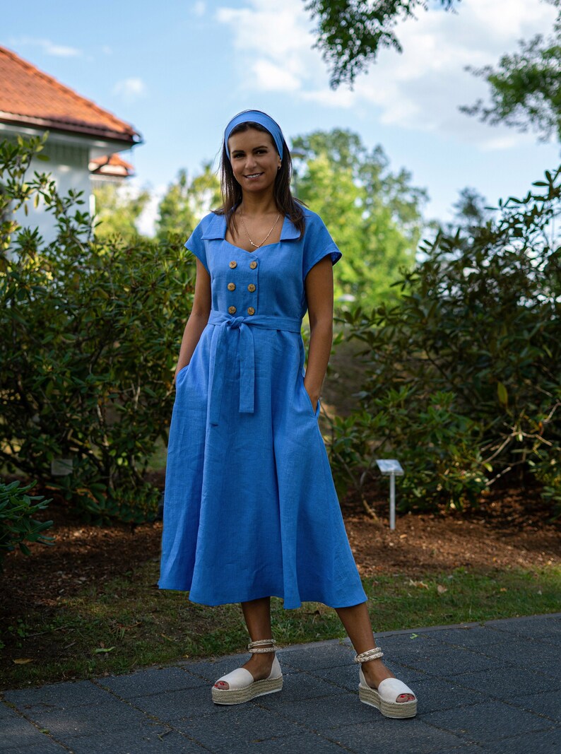 Blue linen midi dress with belt A-line button down summer dress image 1