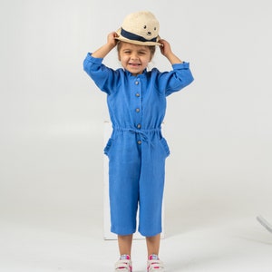 Blue linen jumpsuit for toddlers Kids long sleeve romper with belt detail image 5