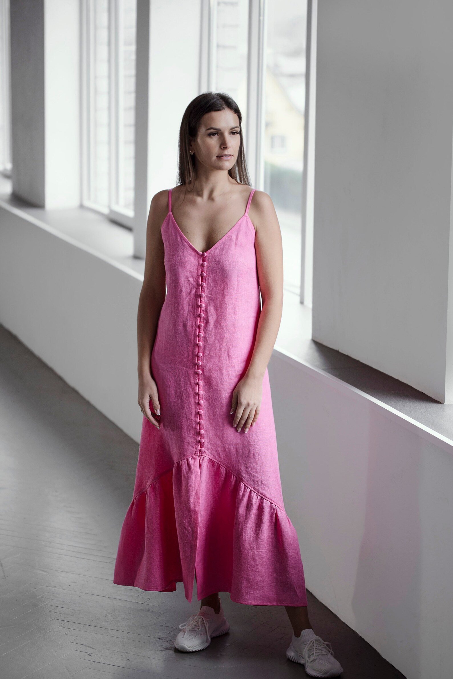 Pink Linen Dress Maxi Linen Dress Strap Linen Dress Plus Etsy