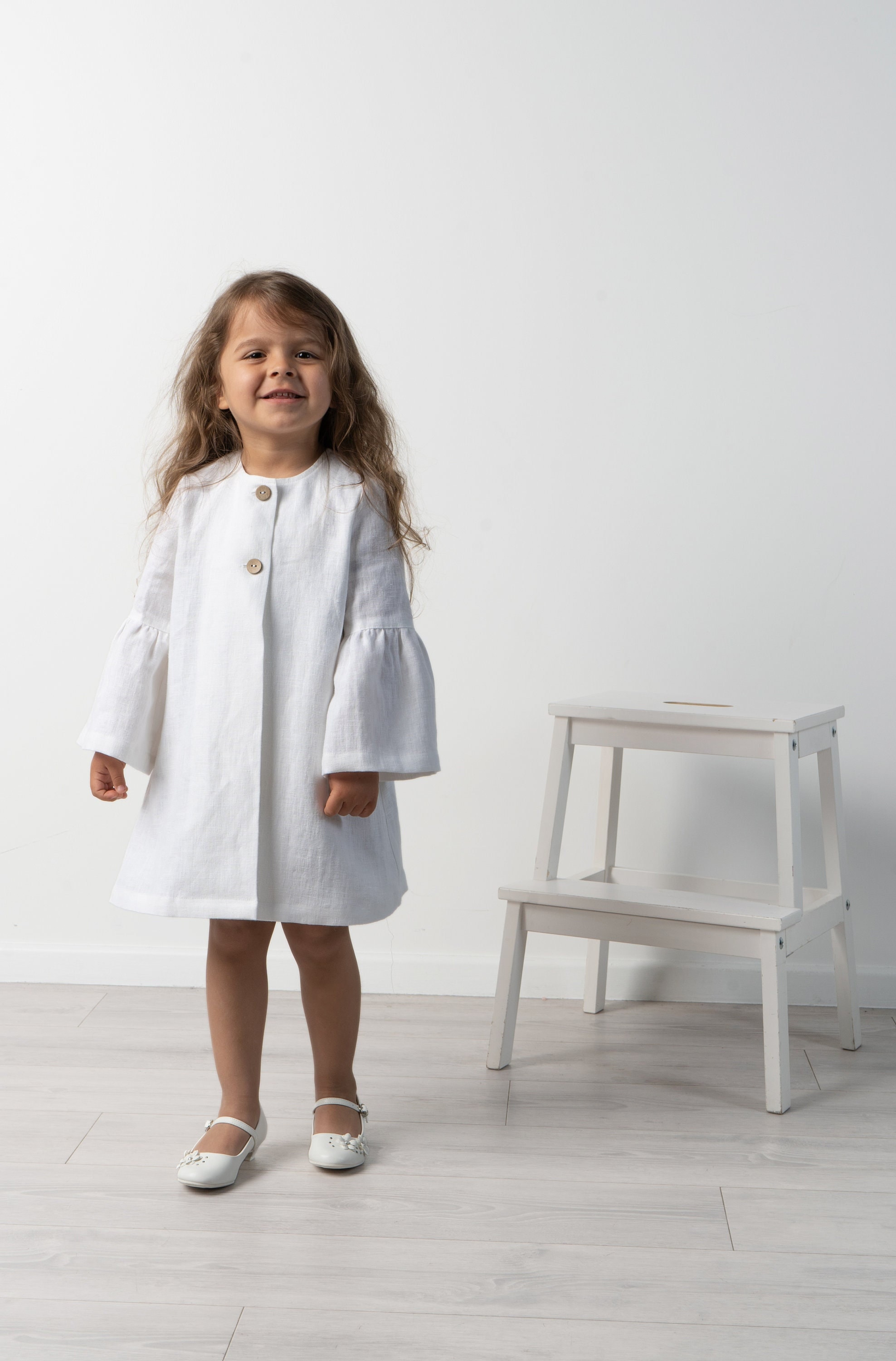 Girls white linen coat Toddler spring jacket with puffed sleeves Flower girl christening outfit