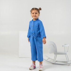 Blue linen jumpsuit for toddlers Kids long sleeve romper with belt detail image 7