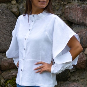 White linen blouse with flared sleeves Women's casual button-up shirt with mandarin collar Elegant loose summer fit blouse image 3