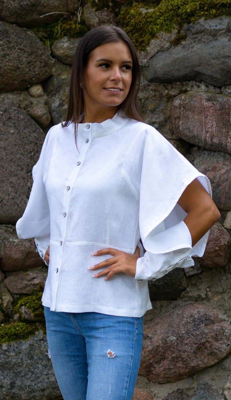 White linen blouse with flared sleeves Women's casual button-up shirt with mandarin collar Elegant loose summer fit blouse image 3