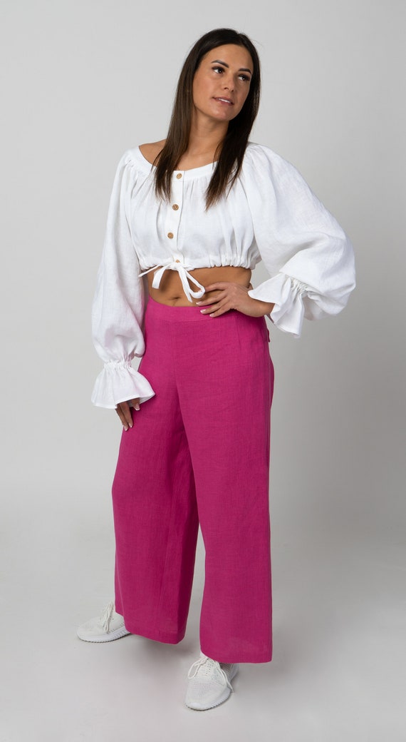 Pink Wide Leg Linen Pants With Side Slit | Boho Summer Linen