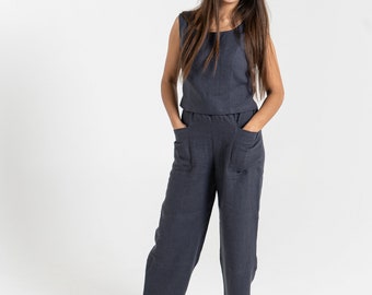 Black linen tank top and pants set | Womens two piece linen set | Sleeveless top with matching trousers | Casual linen co-ord for women