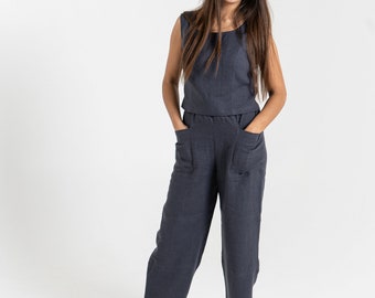 Ensemble débardeur et pantalon en lin noirs | Ensemble deux pièces en lin pour femme | Haut sans manches avec pantalon assorti | Ensemble décontracté en lin pour femme