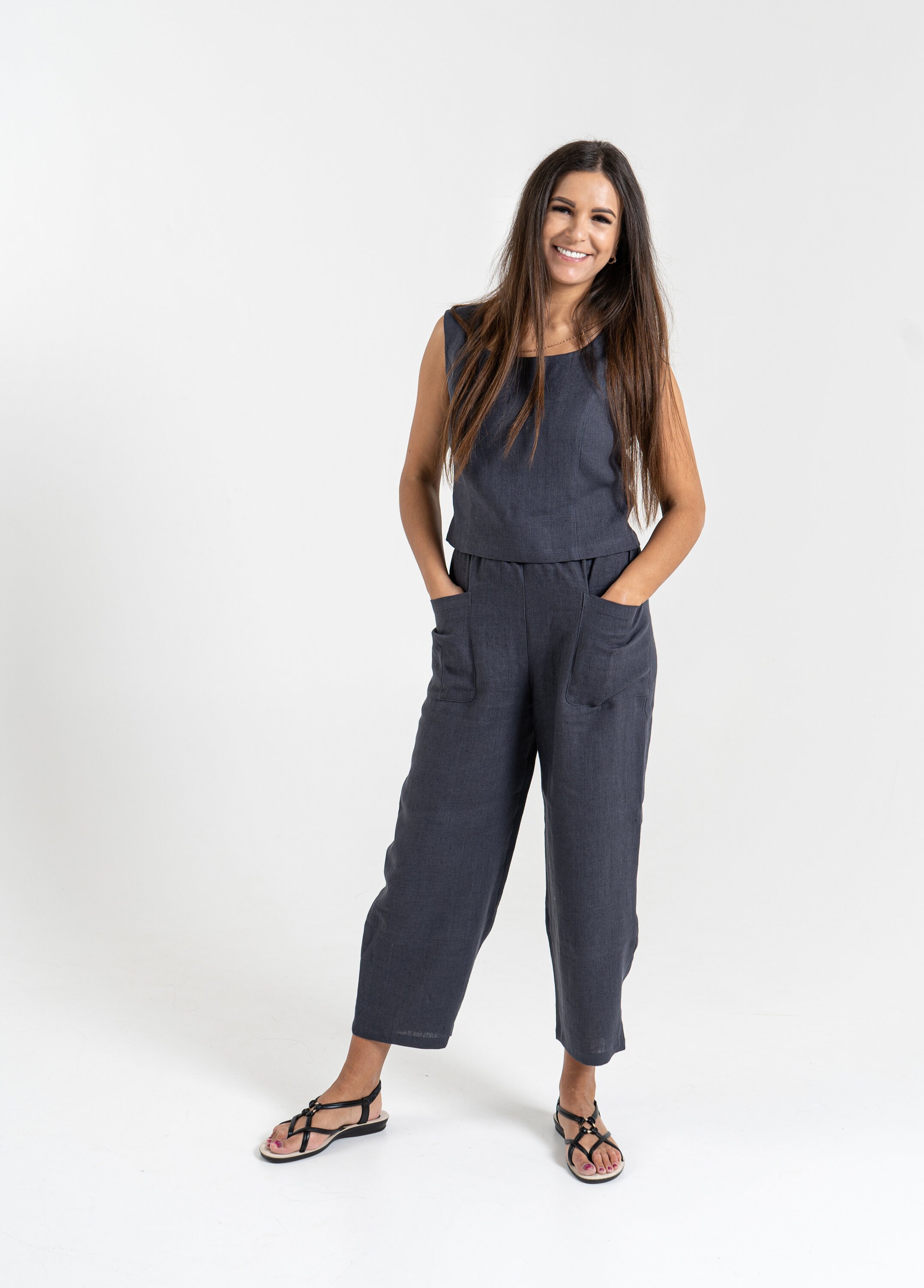 Black Linen Tank Top and Pants Set | Womens Two Piece Linen Set