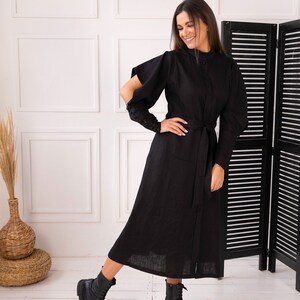 Black linen midi dress with belt Elegant button up dress Sophisticated linen dress for women image 5