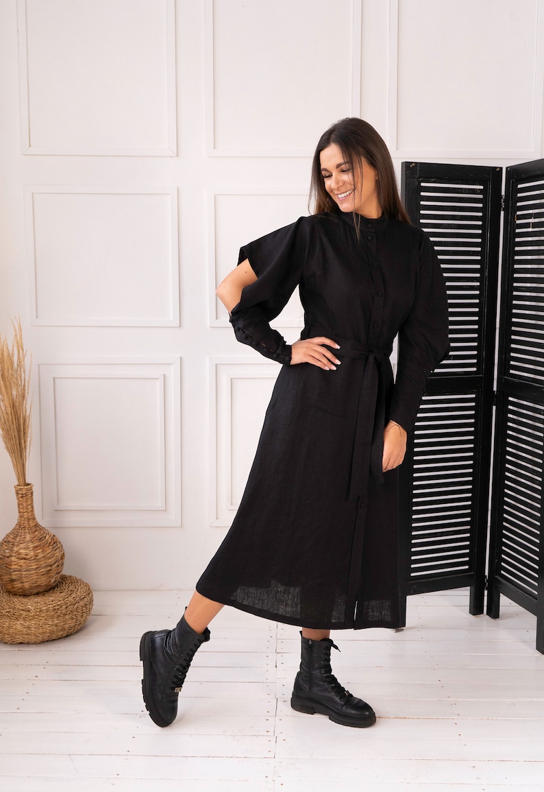 Black linen midi dress with belt Elegant button up dress Sophisticated linen dress for women image 5
