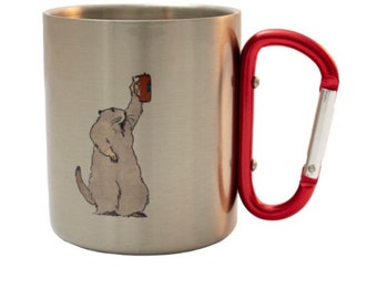 Stainless steel mug with carabiner Hedwig the marmot with beer