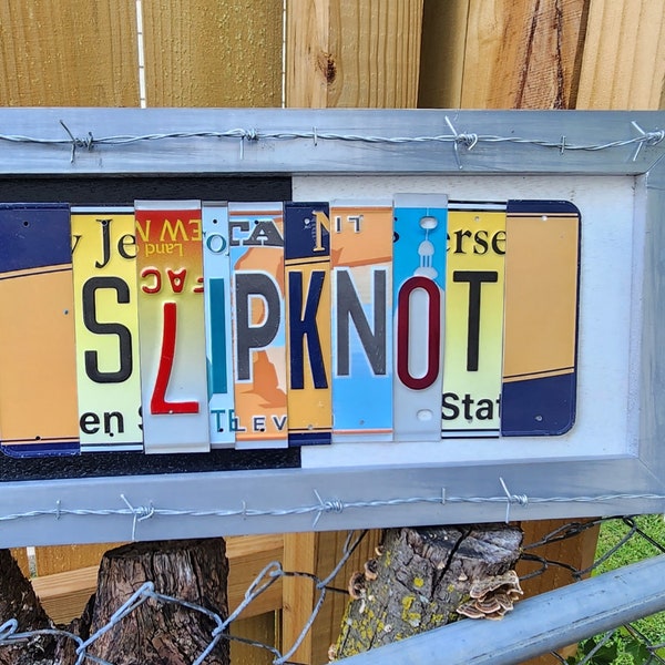 Slipknot-Inspired Wall Sign: Authentic 10"x20" Wooden Frame with Genuine U.S. License Plates & Real Barbed Wire - Unique Decor for Fans