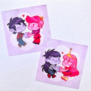 May include: Two sets of cartoon couples holding hands. The first set is a pink and purple couple with a heart above their heads. The second set is a purple and pink couple with a heart above their heads.