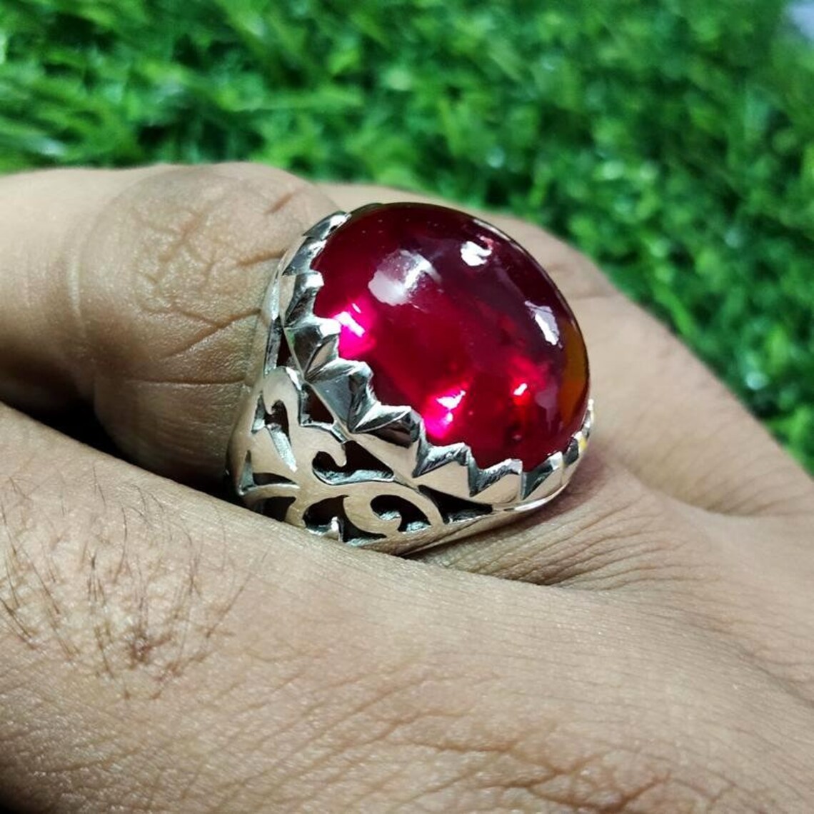 Cabochon Dark Deep Red Big Ruby Mens Ring Sterling Silver 925 | Etsy