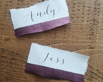 Calligraphy name cards - Hand written - Name places - Rustic wedding - handmade paper - maroon burgundy purple