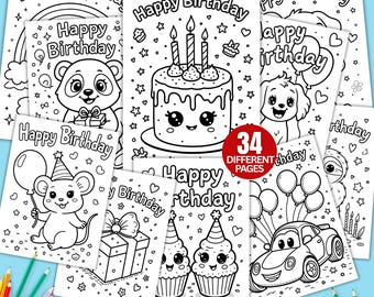 Tarjetas de cumpleaños para colorear, tarjetas de cumpleaños imprimibles, páginas para colorear para fiestas, actividad personalizada para niños, felicitación para colorear, descarga instantánea.