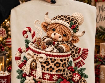 T-shirt de Noël léopard en fausse laine (PNG), vache des Highlands (PNG), motif de Noël crocheté, sublimation léopard pour Noël