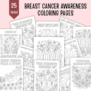 Puede incluir: Una colección de 25 páginas para colorear en blanco y negro centradas en la concienciación sobre el cáncer de mama. Las páginas presentan ilustraciones de líneas de cintas, flores, mariposas, corazones y textos inspiradores como "Hope", "Fight With Love" y "Her Strength Inspires Us" para actividades creativas.