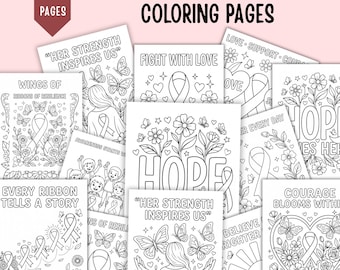 Breast Cancer Awareness Coloring Pages, Pink Ribbon Coloring Book, Inspirational Cancer Support Printables, Hope & Strength PDF