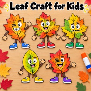 Può includere: Cinque personaggi foglia a cartone animato con volti, braccia e gambe, ognuno con scarpe di colori diversi. Il testo 'Leaf Craft for Kids' è in alto. Le foglie sono arancioni, gialle, rosse e verdi, e una colla stick è visibile a destra.