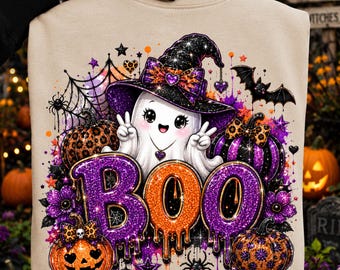 PNG de Boo con diamantes de imitación de Halloween, diseño de camiseta de fantasma, PNG de Boo brillante de Halloween, sublimación de diseño de camiseta Reto, PNG de camiseta espeluznante de Halloween