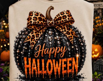 Camiseta de Halloween com Abóbora e Strass PNG, Laço de Leopardo PNG, Halloween Laranja PNG, Design de Camiseta Retrô de Halloween, Abóbora Brilhante PNG
