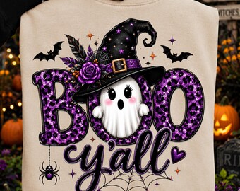 Halloween Purple Boo Y'all Shirt Png, Boo Witch Halloween Png, Witch Hat PNG, Retro Halloween Shirt Design, Spooky Purple Shirt Graphic