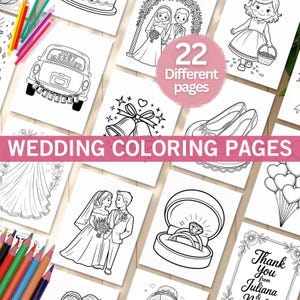May include: A collection of wedding-themed coloring pages with line art illustrations. The image shows various designs, including a car with "Just Married" on it, a bride and groom, a wedding ring, and a cake. The text "22 Different pages" is also visible.