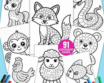 動物ドットマーカーぬりえ、ドットアクティビティ、印刷可能なぬりえページ、子供向けぬりえページ、デジタルぬりえブック、幼児向けビジーブック
