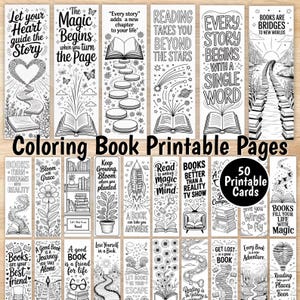 May include: A collection of fifty black and white printable bookmarks featuring various illustrations of books, nature, and space, accompanied by inspirational reading-themed quotes such as Let your Heart guide the Story and Books are Bridges.